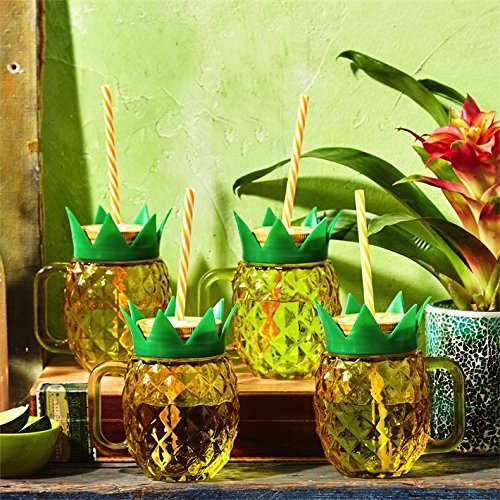 Pineapple Mason Jar Cups w Straws Set of 4 by